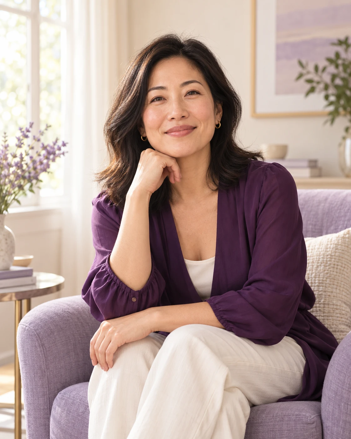 An Asian woman in a plum blouse sitting comfortably beside a sunlit window.