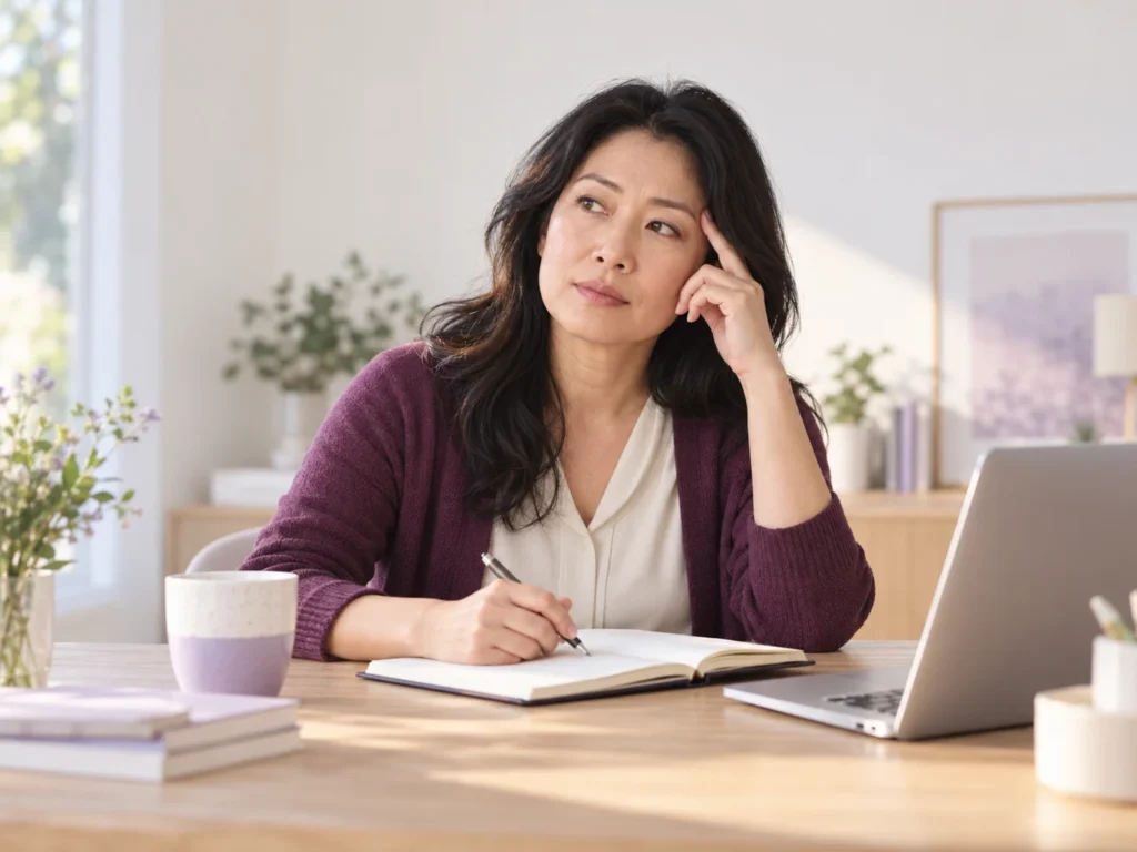A woman pausing over her notes while working at a home desk.