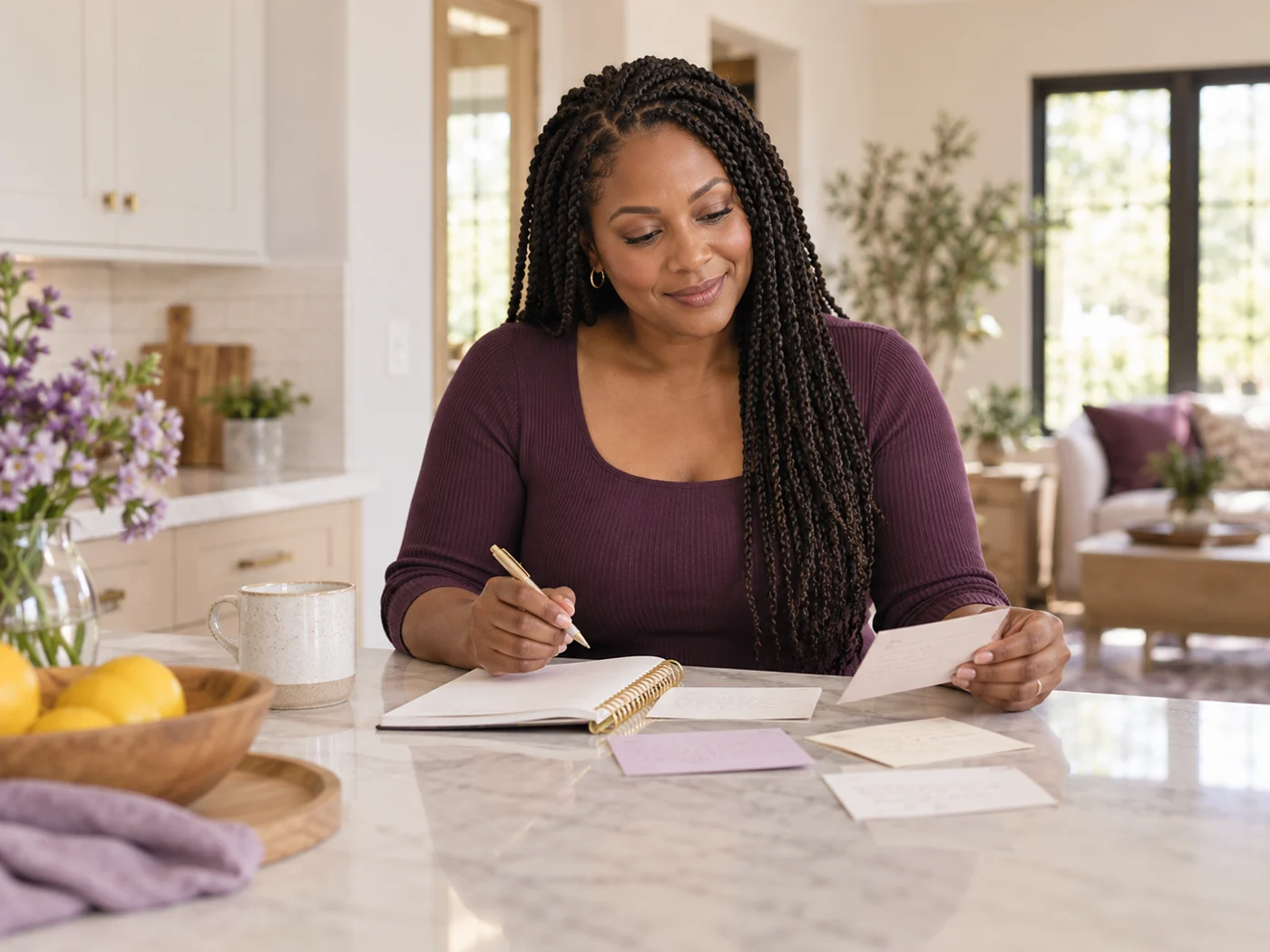 A woman organizing notes and reminders at her kitchen island.
