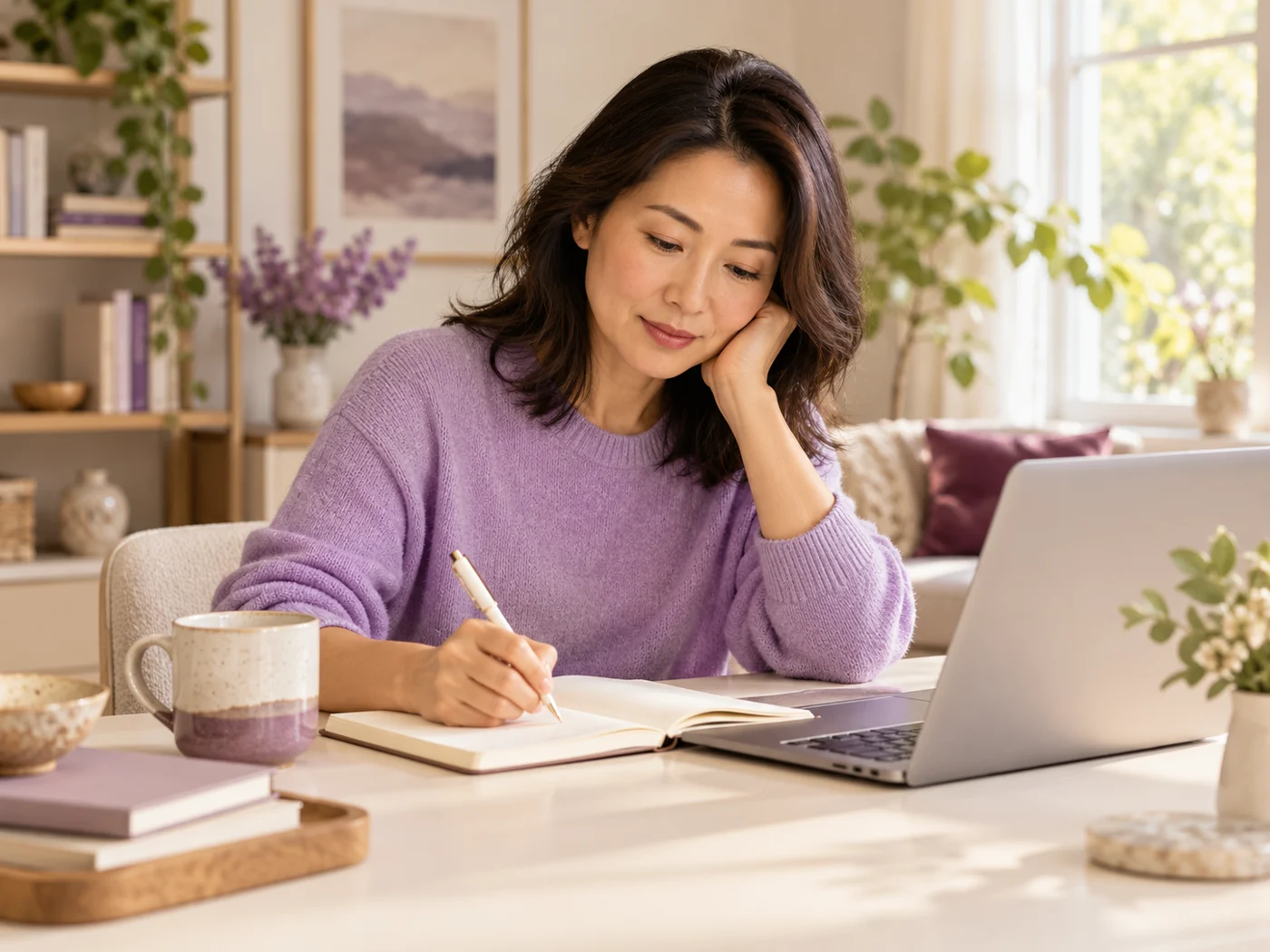 A woman noting her sleep and energy patterns before an appointment.