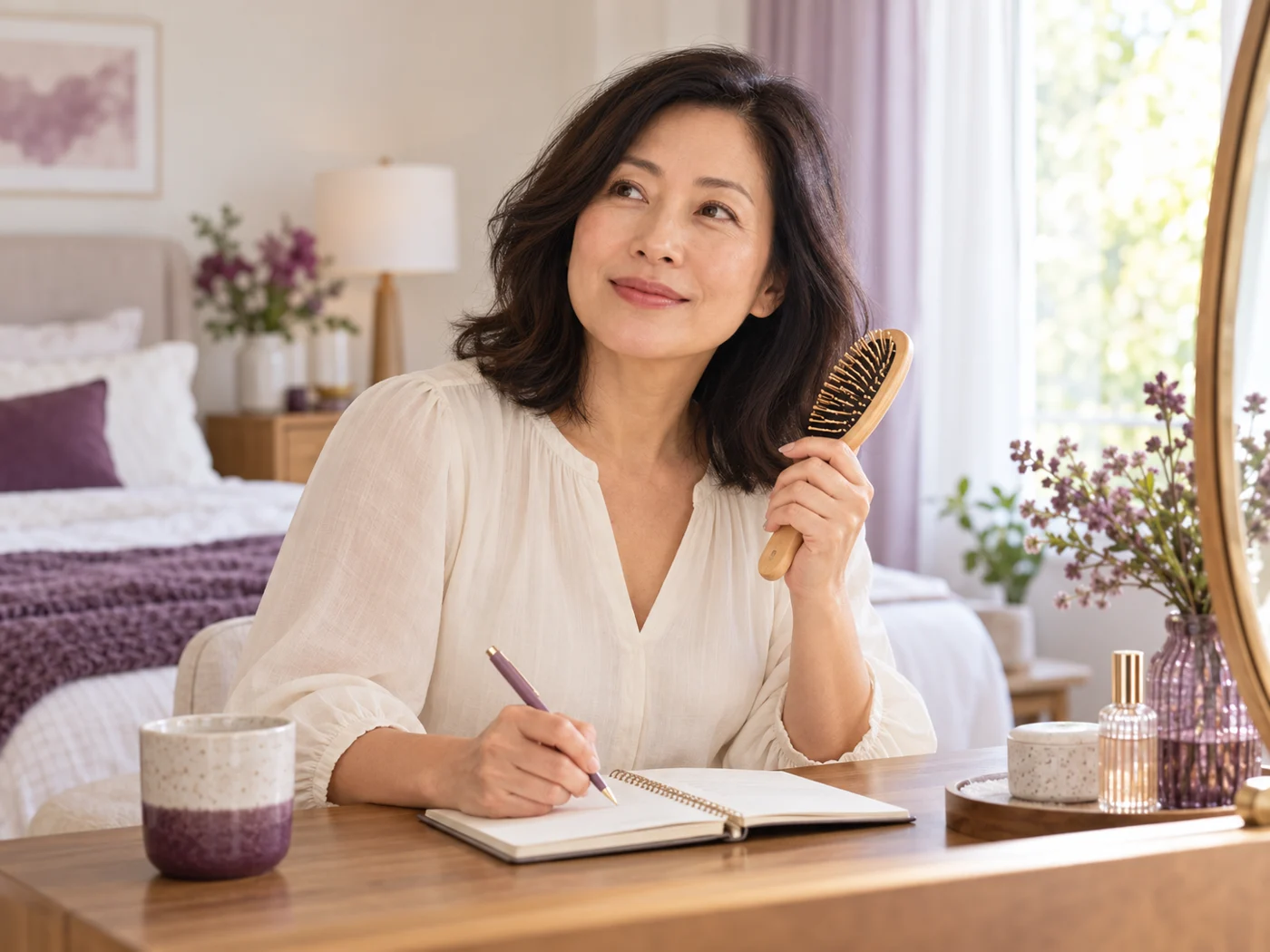 A woman preparing questions about hair changes at her dressing table.