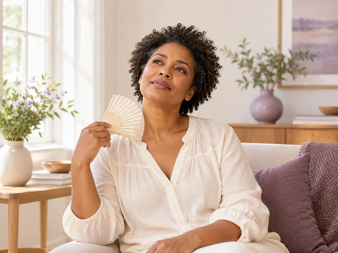 A woman using a small fan while sitting beside a window.