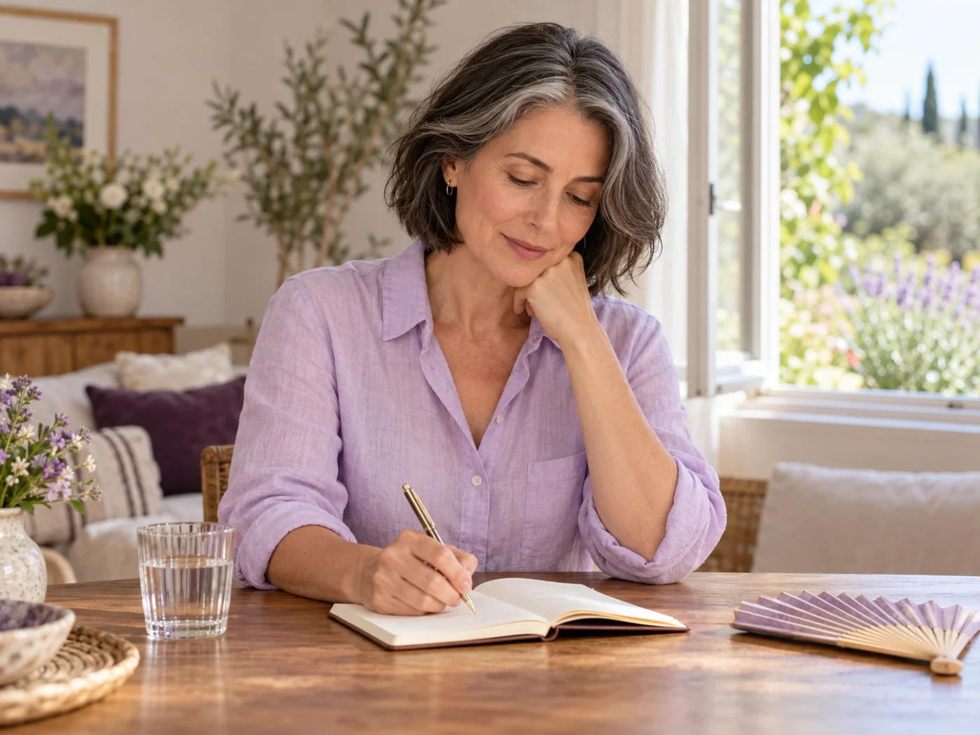 A woman recording symptoms with a glass of water and a fan nearby.