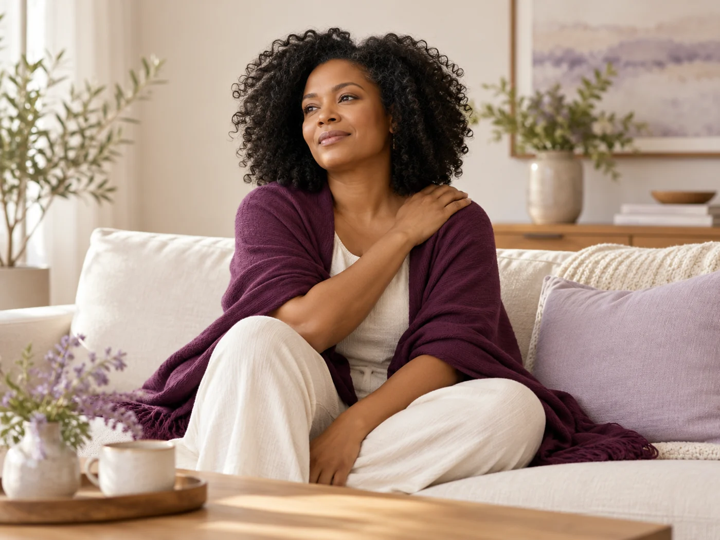 A woman taking time for personal reflection and wellbeing at home.
