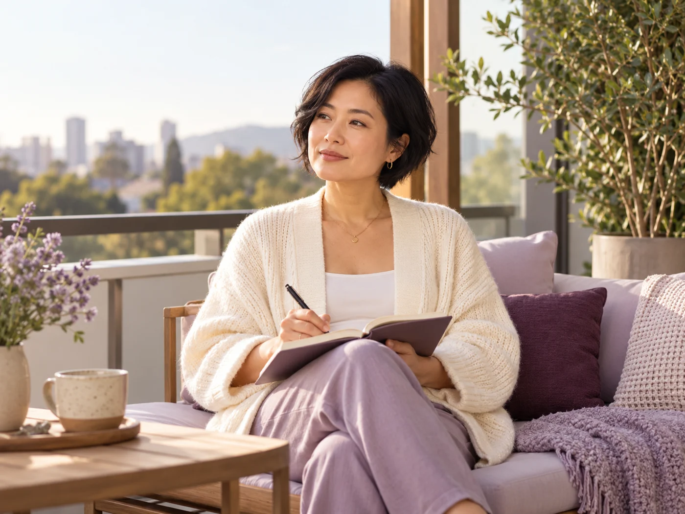A woman journaling about her wellbeing in a quiet outdoor space.