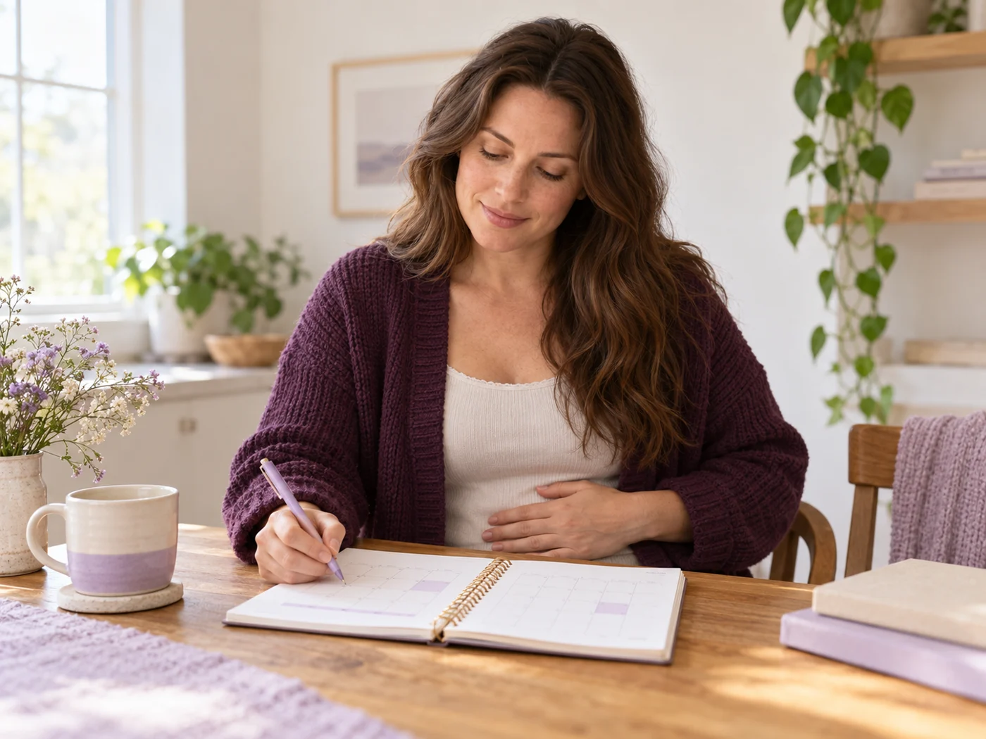 A woman reviewing a cycle-tracking notebook at home.