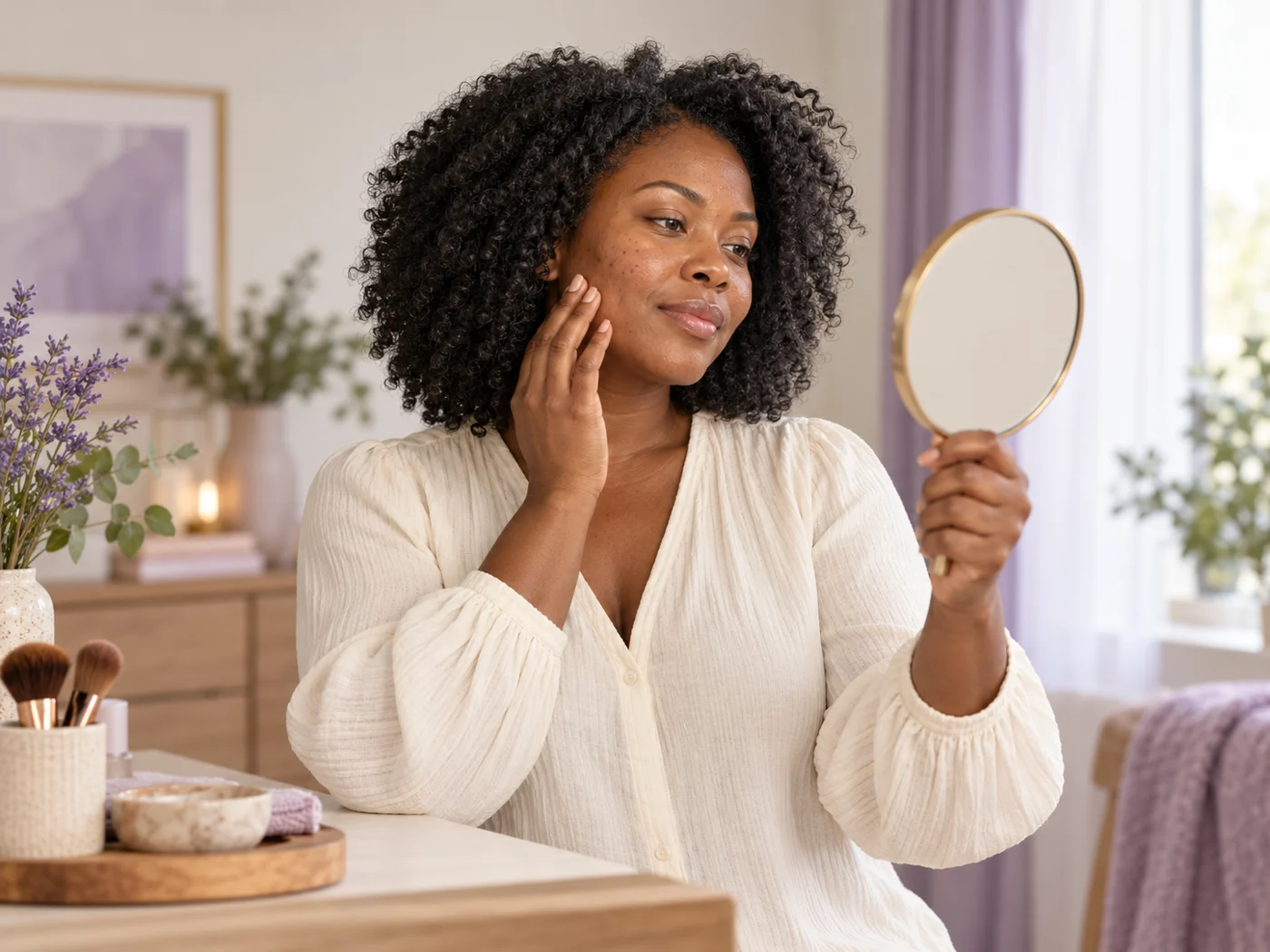 A woman gently examining the skin on her cheek in a handheld mirror.