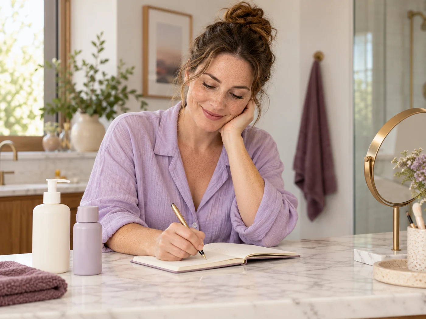A woman noting changes in her skincare routine beside unbranded bottles.