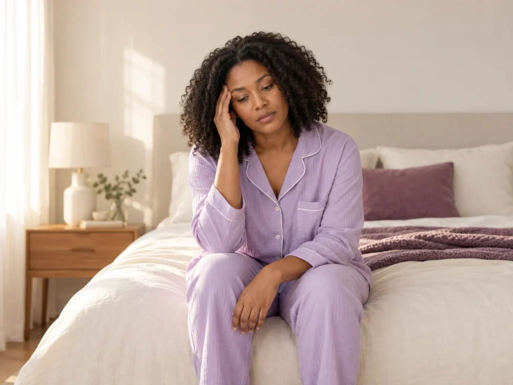 A woman sitting on her bed after an unsettled night.
