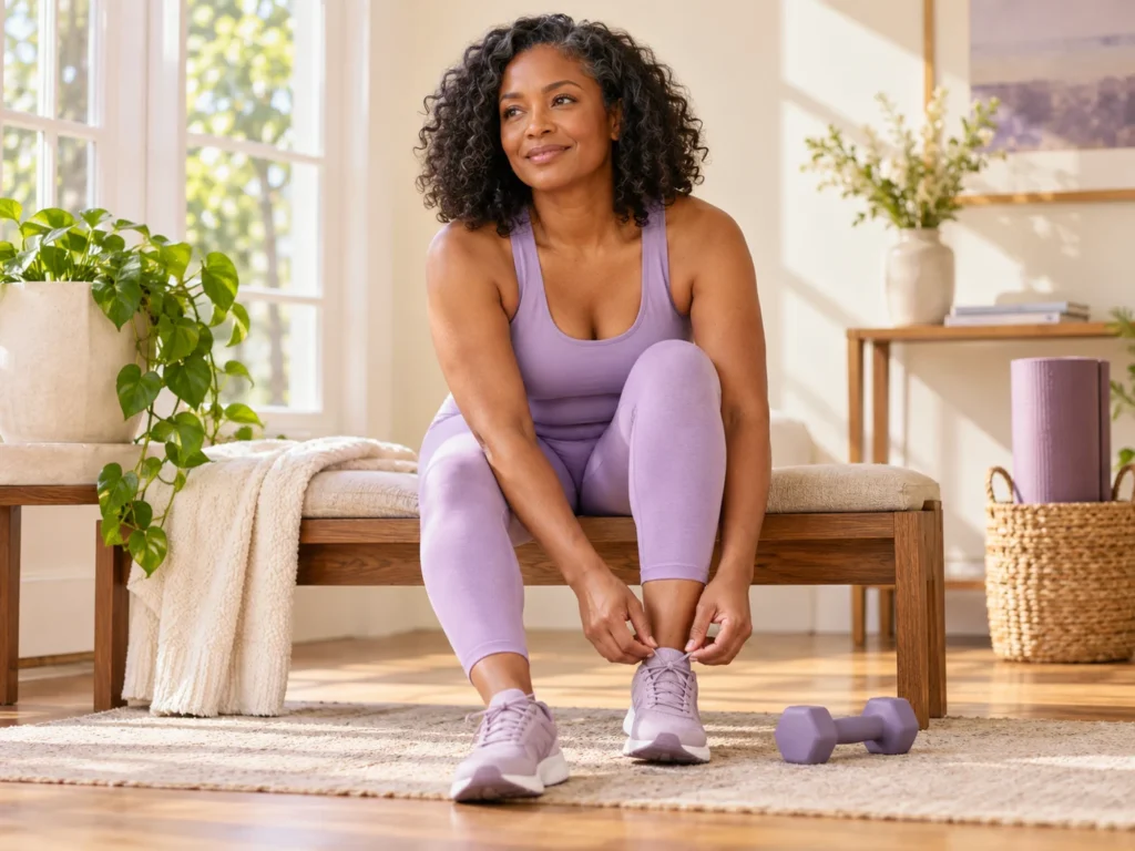 A woman preparing for gentle strength exercise in a bright home.