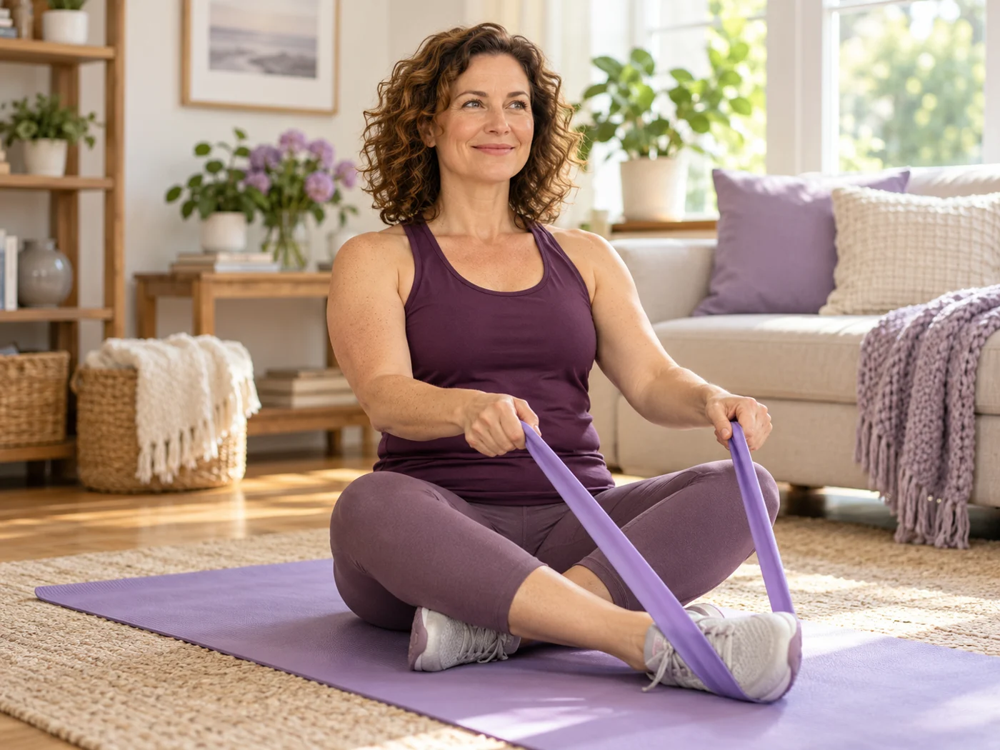 A woman doing gentle seated resistance-band exercise at home.