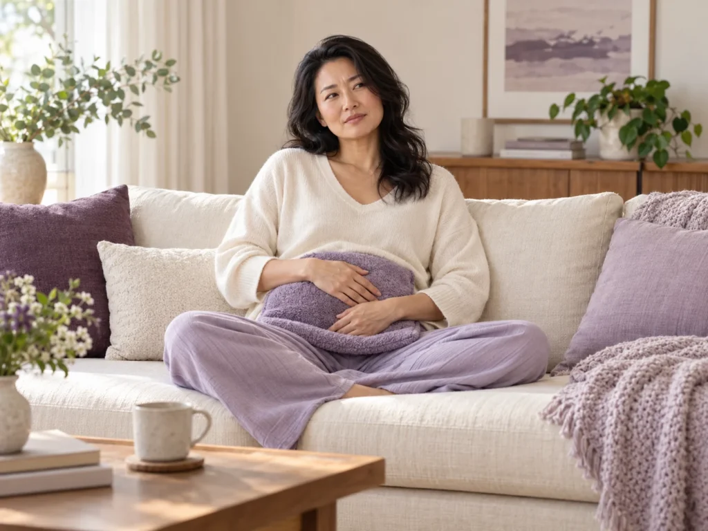 A woman sitting comfortably at home with a covered cushion across her lap.