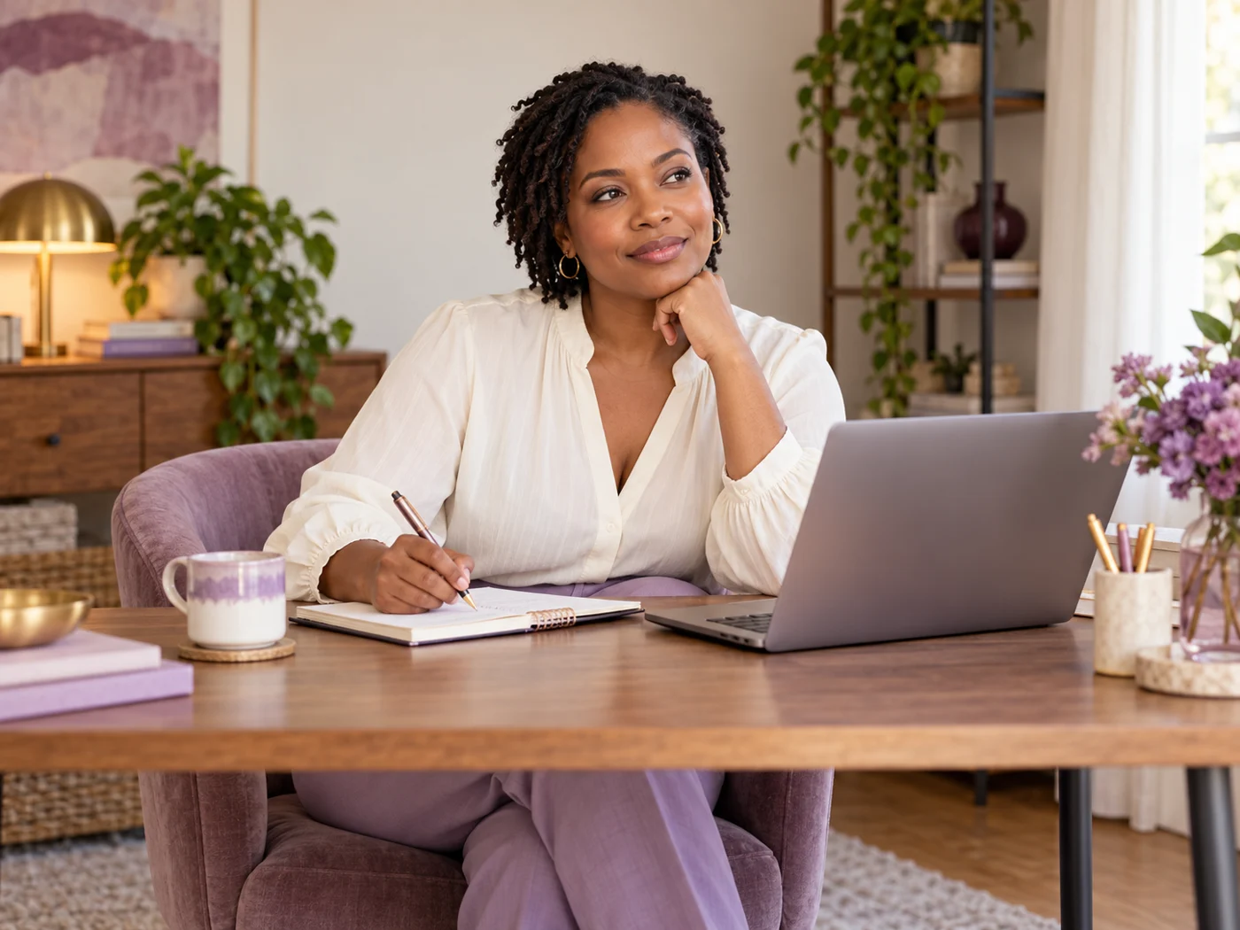 A woman preparing private health questions at her home desk.