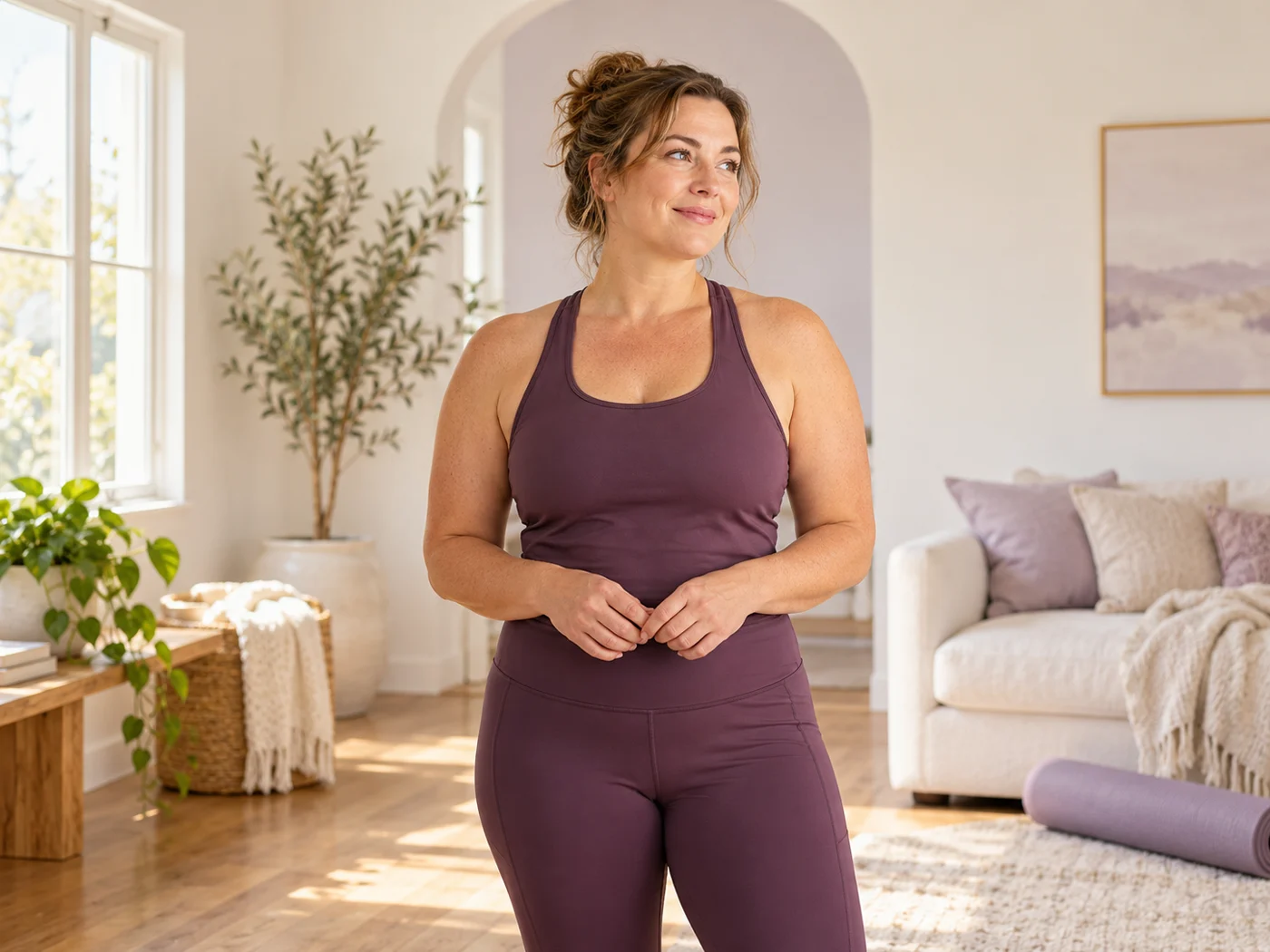 A woman in comfortable activewear pausing after gentle movement at home.