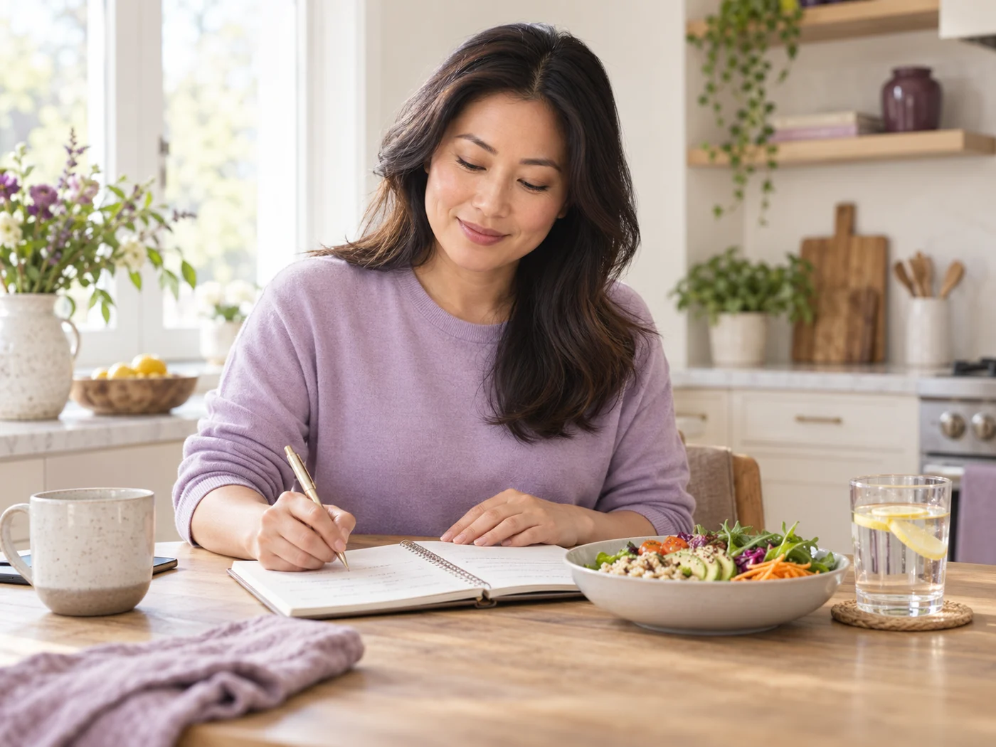 A woman noting daily habits and questions at her kitchen table.