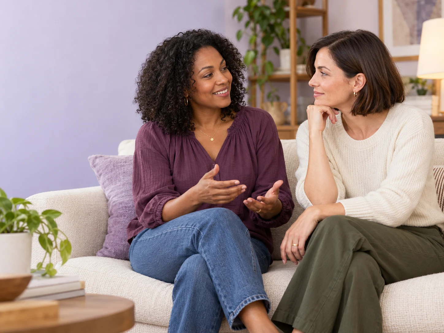 Two women having a thoughtful conversation while sitting together at home.