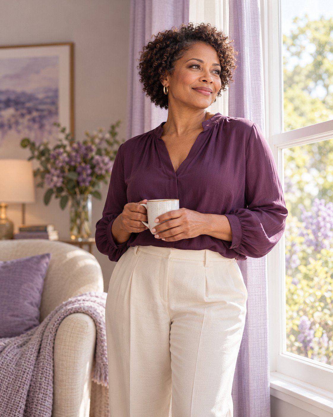 Woman in a plum blouse enjoying a quiet moment at home.